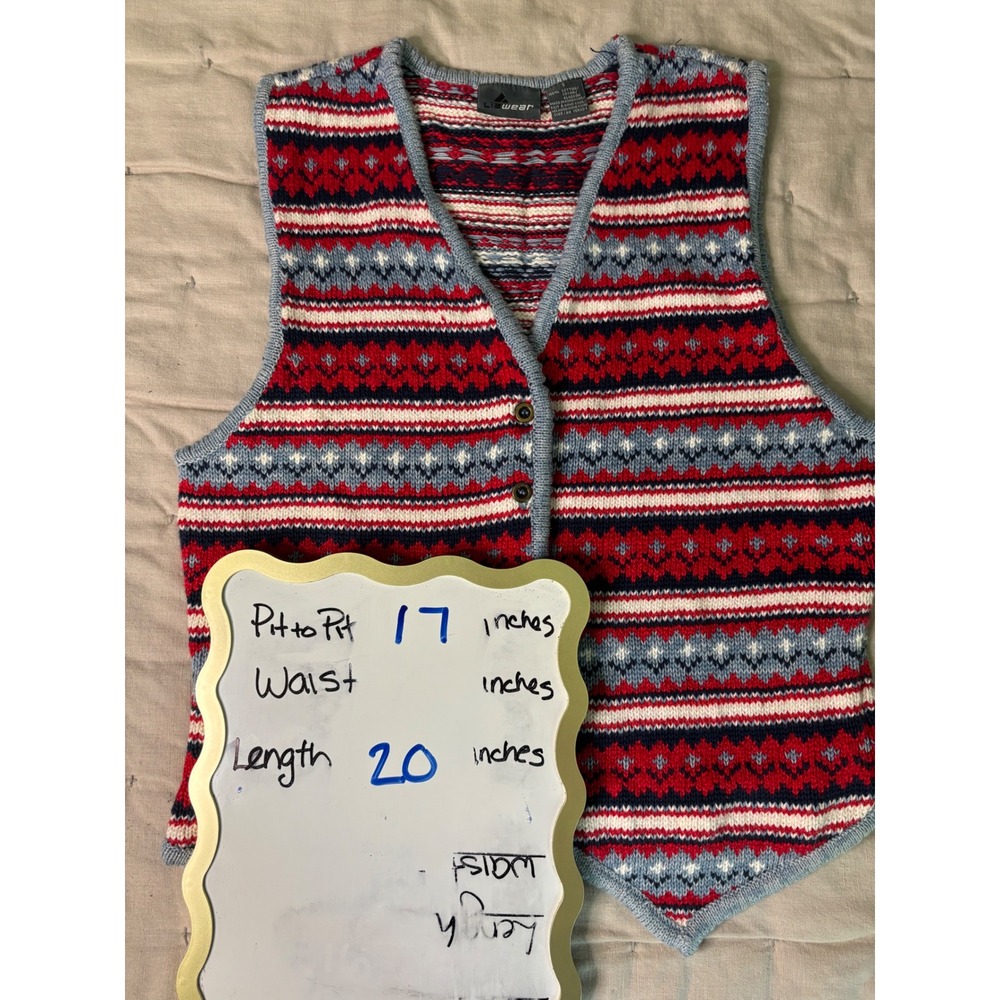 Lizwear Fair Isle Sweater Vest Size Small Red Blue Cotton Knit Button Front - Picture 4 of 4